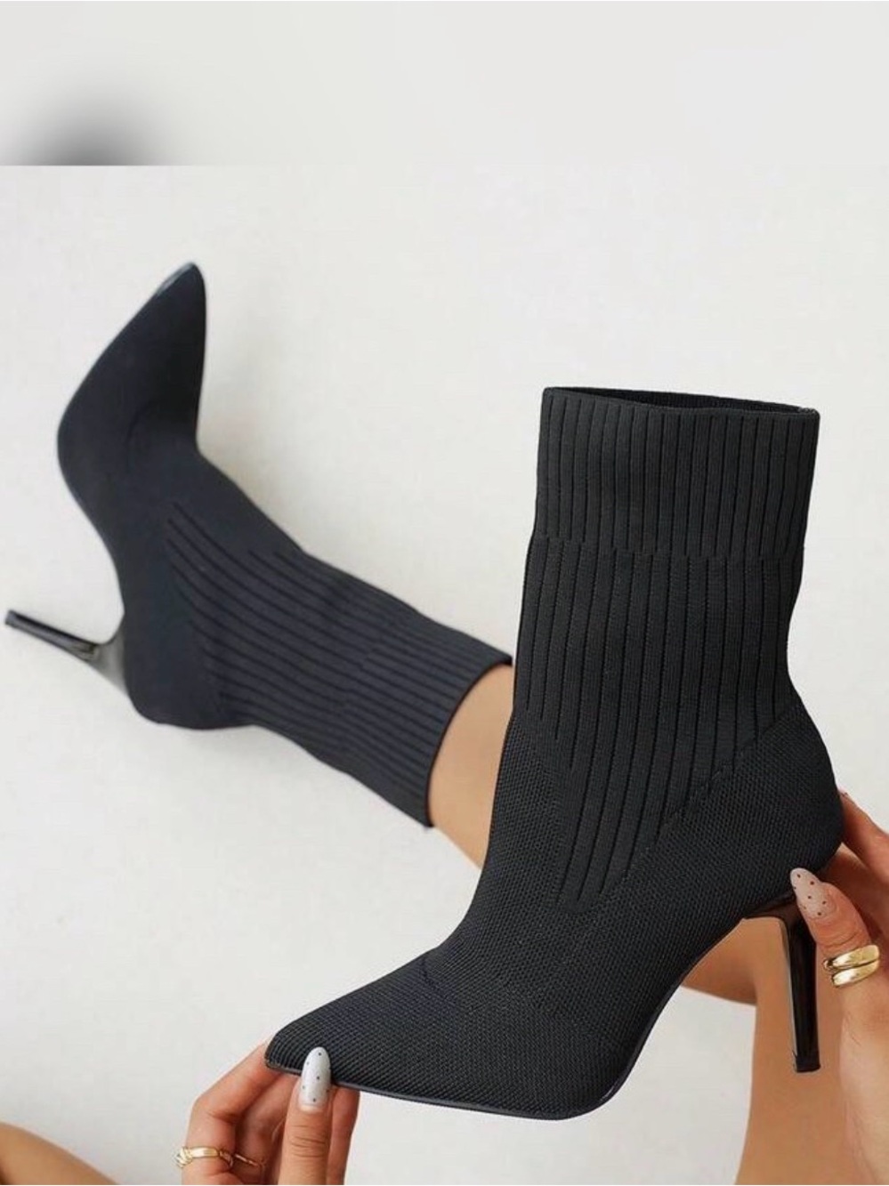 Black Stretch Knit Sock Booties with Stiletto Heel